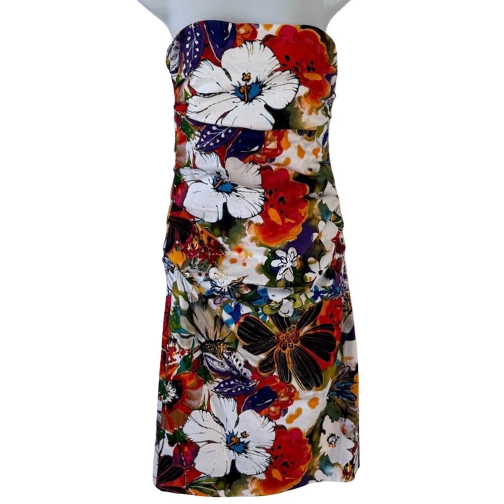 Suzi Chin Orange Green White Floral Ruched Strapless Bodycon Mini Dress Size 8